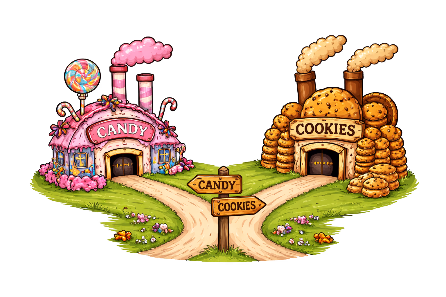 road between factories with different colors