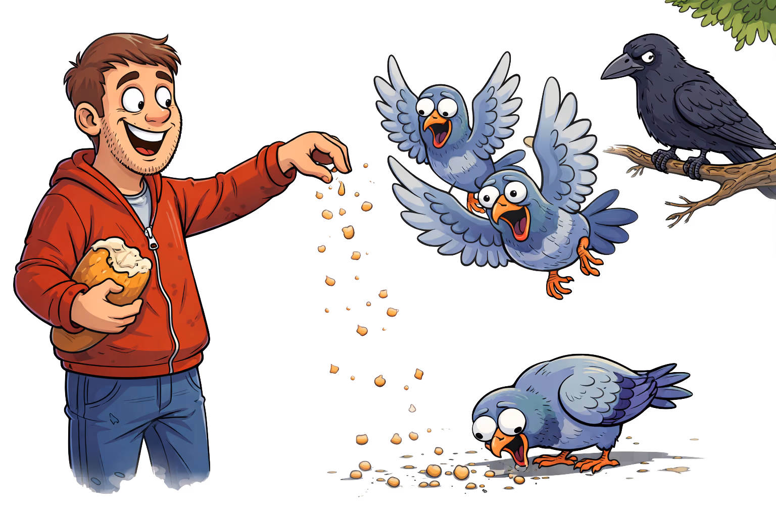 A person feeds the birds in the park