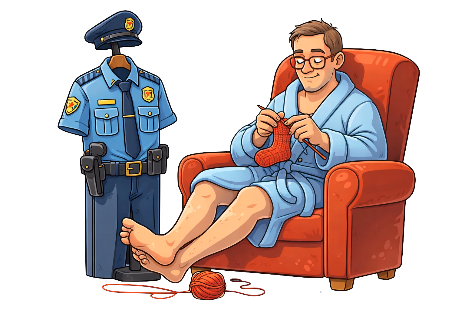 A policeman joyfully knits during a peaceful time