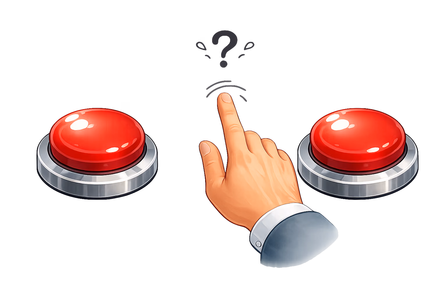 2 red buttons, and a hand choosing between them