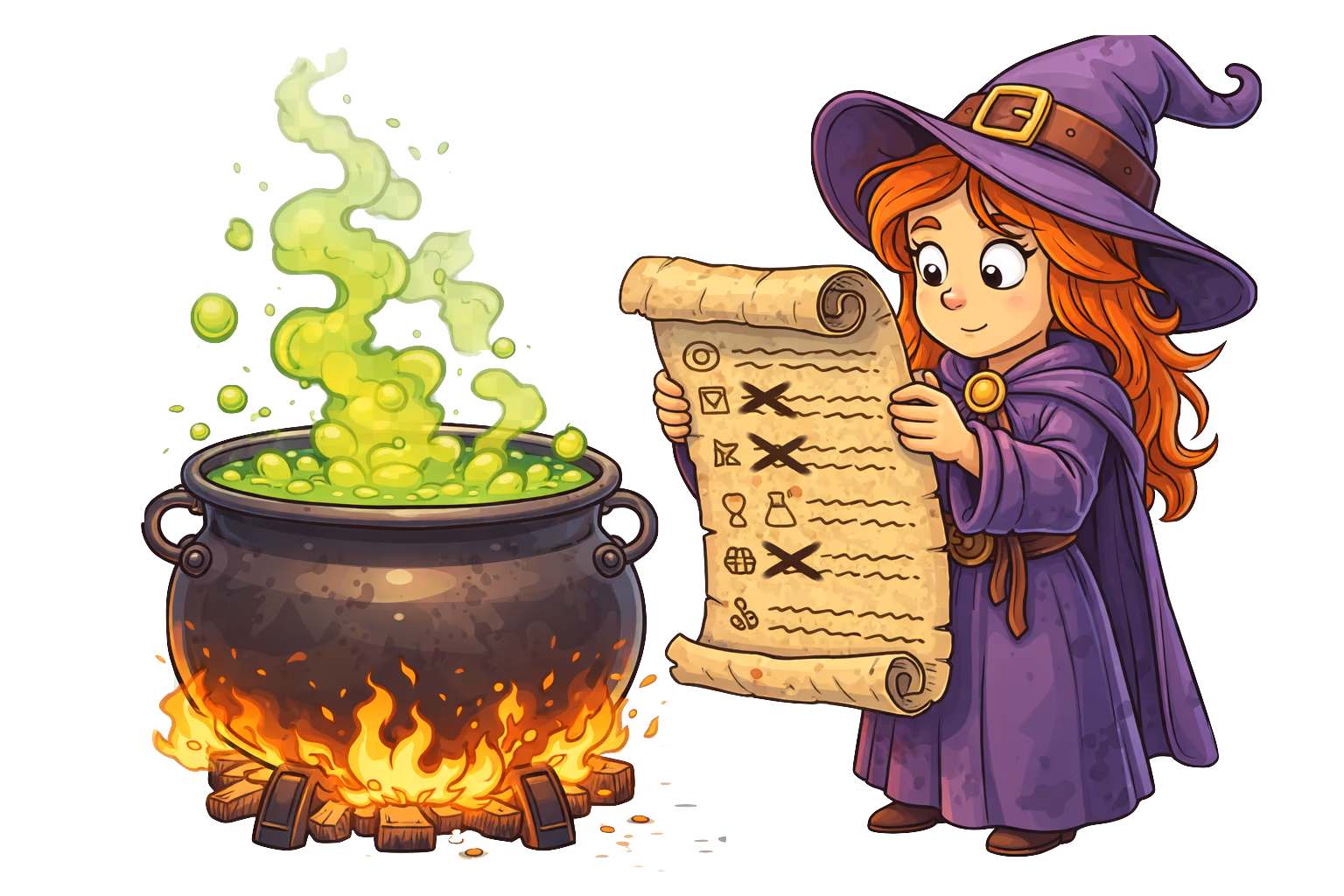 A witch brews a potion according to the recipe